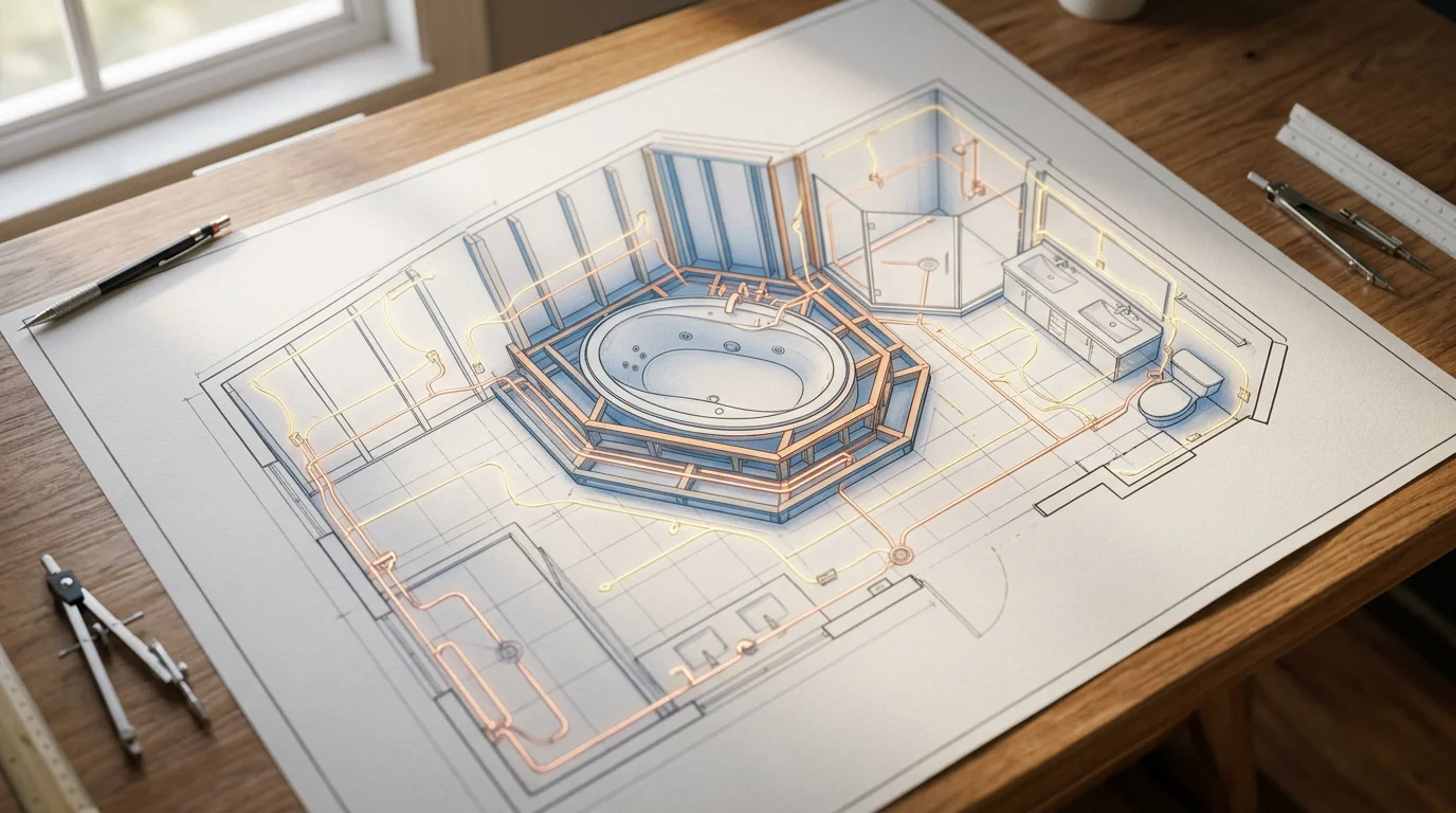 Architectural blueprint showing integrated plumbing, electrical, and structural planning for a jacuzzi tub installation