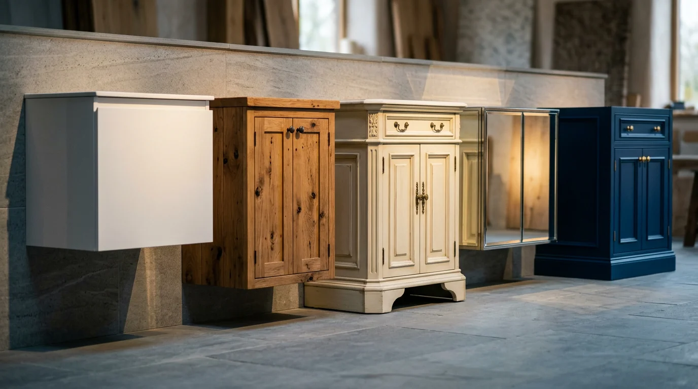 Five distinct bathroom wall cabinet styles displayed side-by-side showing modern floating, rustic wood, vintage ornate, mirrored, and bold statement designs