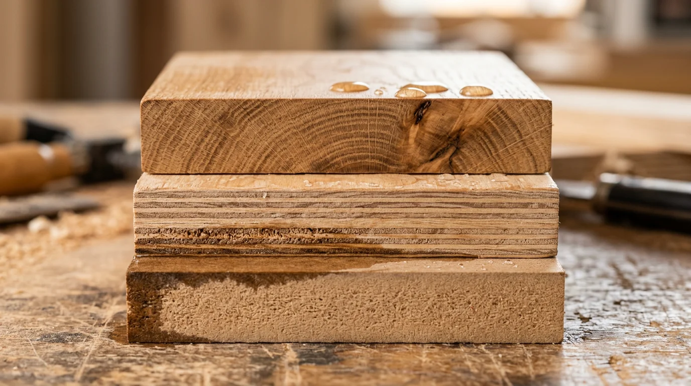 Cross-section comparison of solid wood, marine-grade plywood, and moisture-resistant MDF showing structural differences and moisture resistance