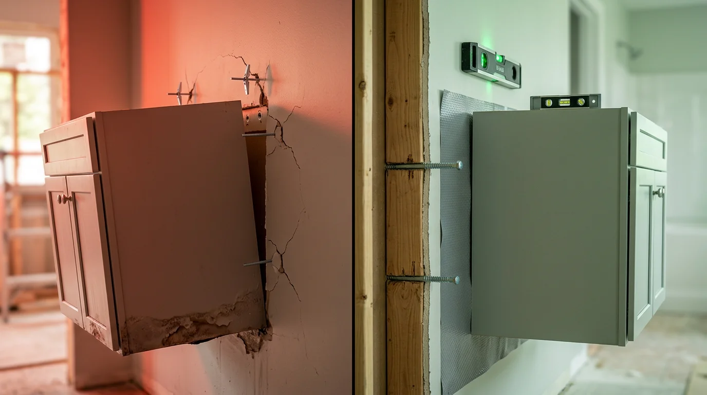 Side-by-side comparison of improper drywall-only installation versus correct stud-anchored installation with proper fasteners