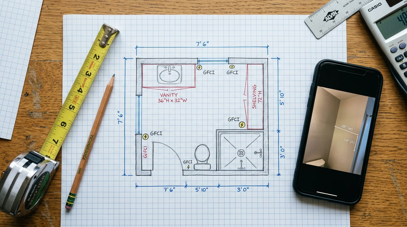 Bathroom floor plan with measurements, cabinet placement sketches, and fixture locations marked on graph paper
