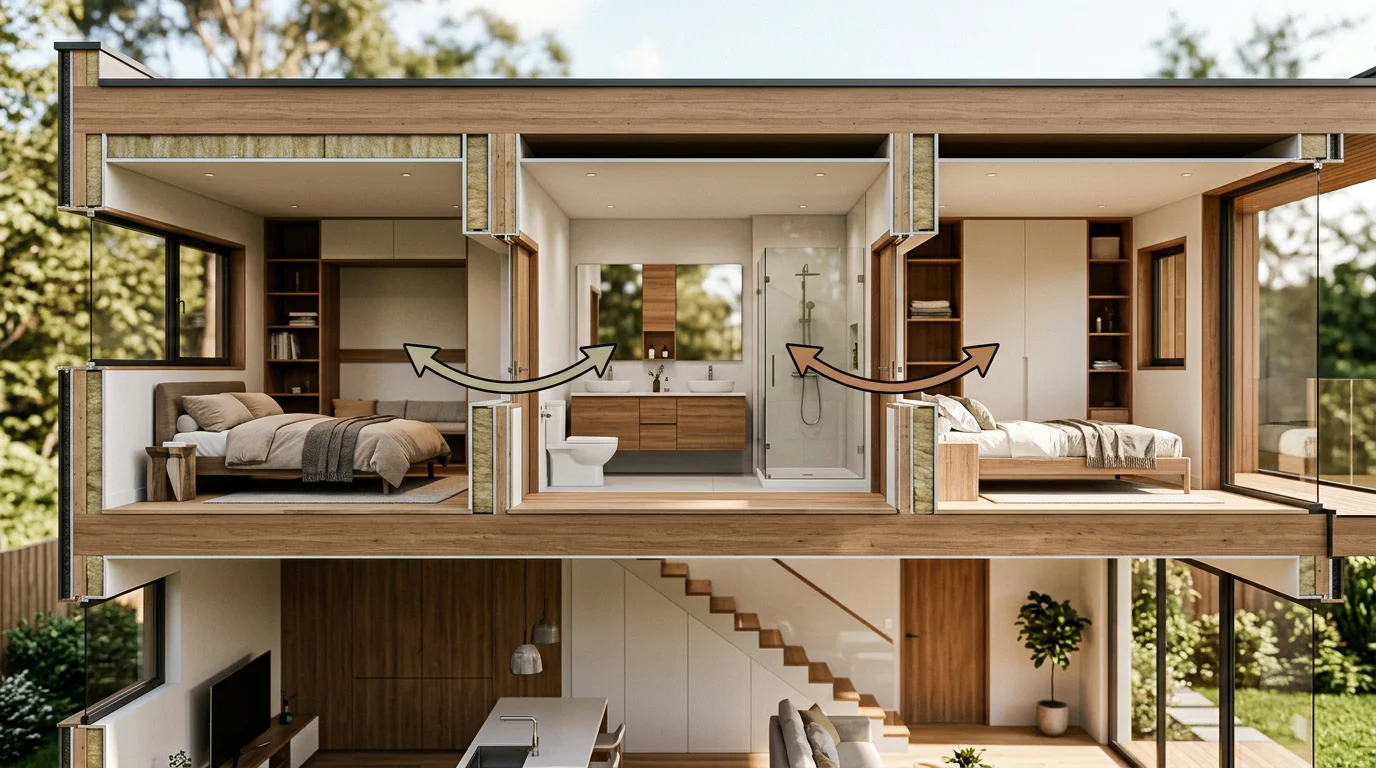 Cross-sectional view of Jack and Jill bedroom layout with privacy and storage details