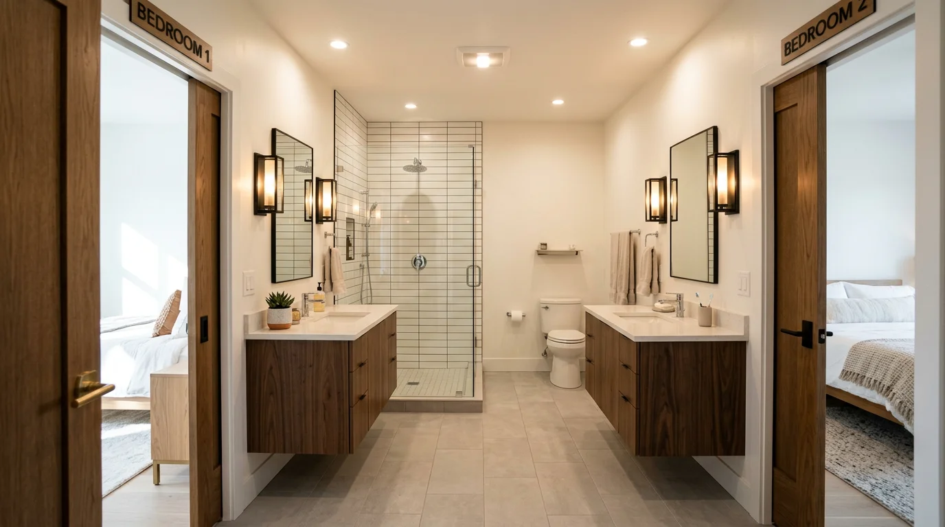 Dual-vanity Jack and Jill bathroom with symmetrical layout and private access doors