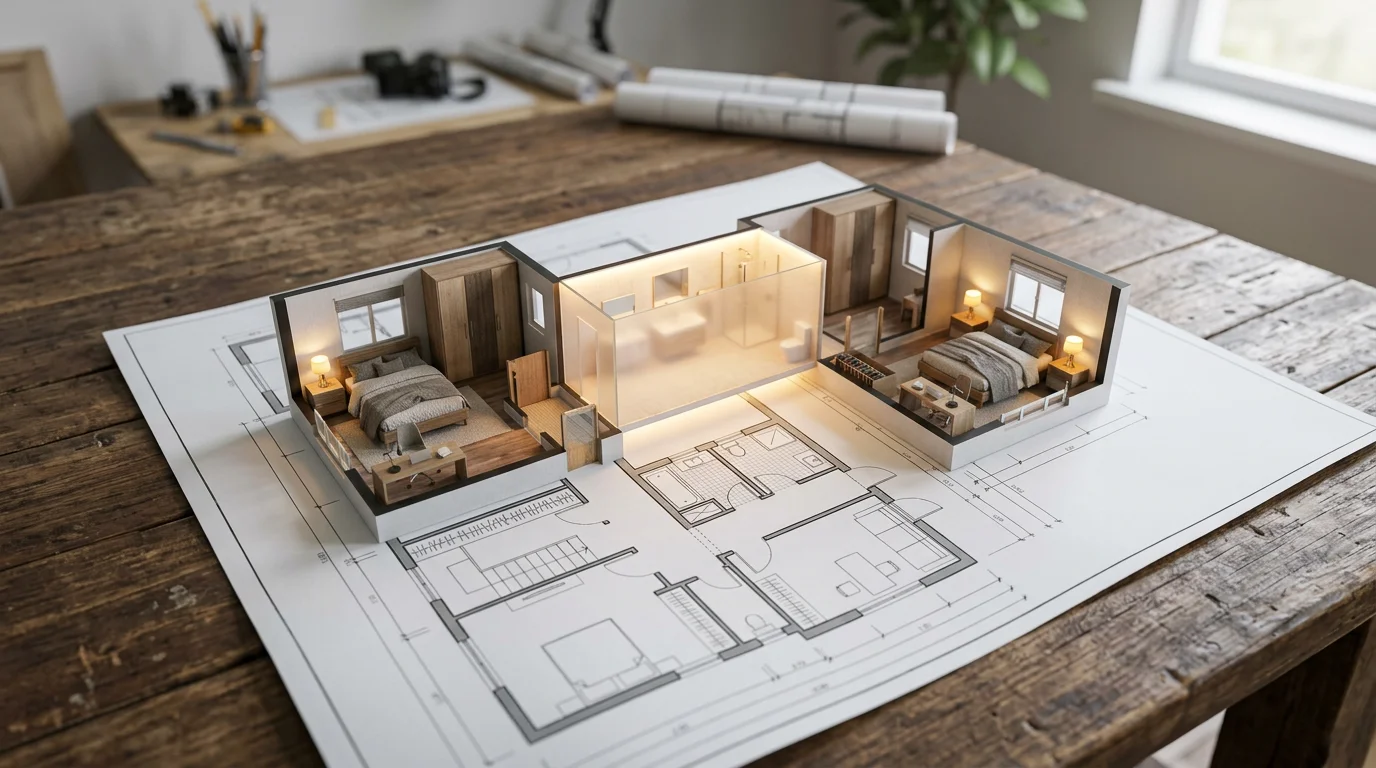 3D architectural model showing Jack and Jill bedroom layout with shared bathroom