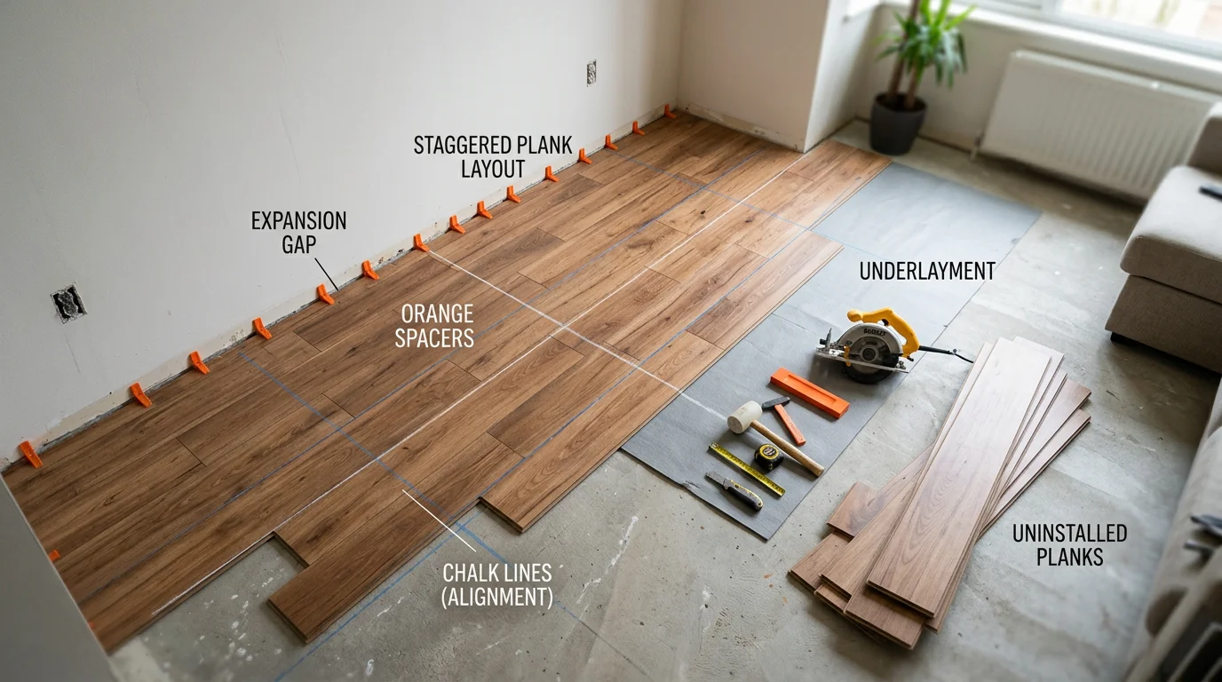 Top-down view of floating floor installation in progress with alignment guides and spacers