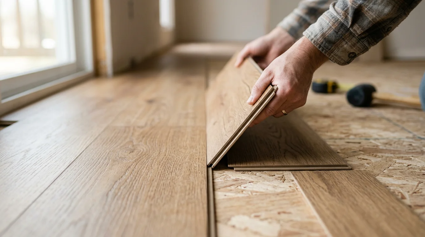 Close-up of interlocking floating floor planks demonstrating click-lock installation