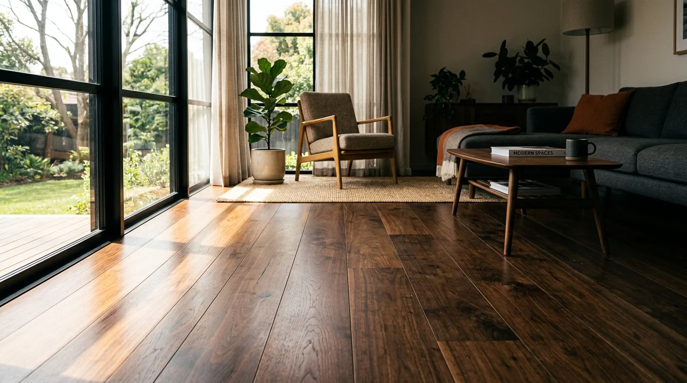 Dark hardwood floor in a living room showing light interaction and grain depth