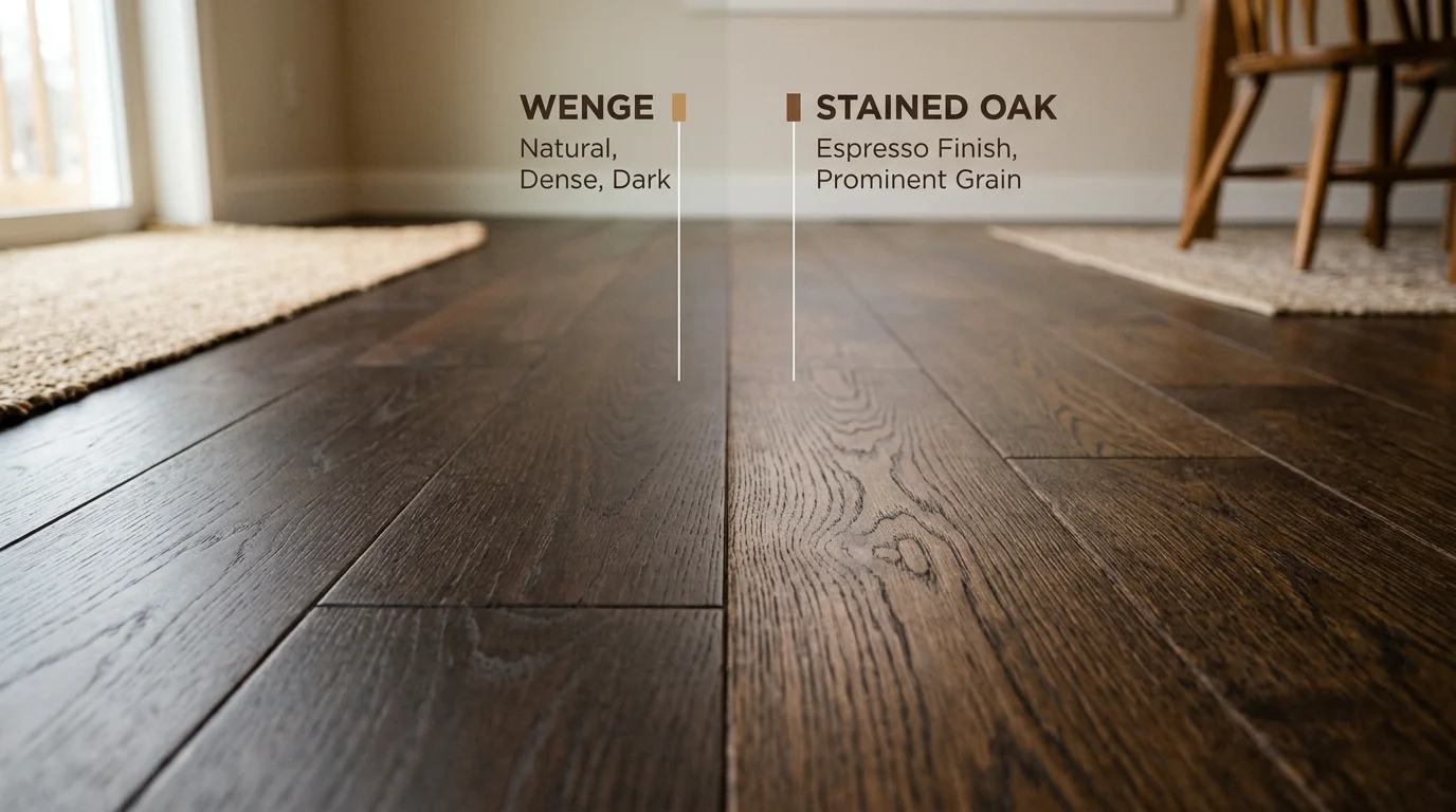 Side-by-side comparison of naturally dark hardwood versus stained light wood