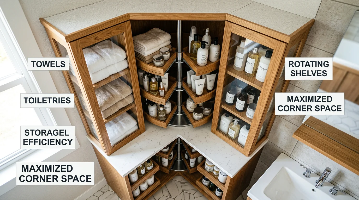 Overhead view of tall corner carousel cabinet demonstrating efficient corner space utilization