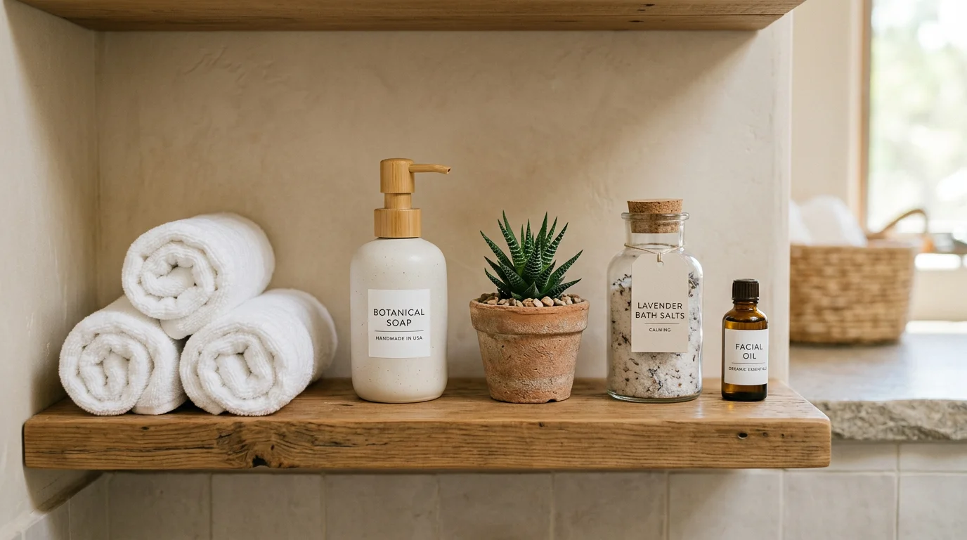 Styled open bathroom shelf with rolled towels, plants, and decorative items arranged with intentional spacing