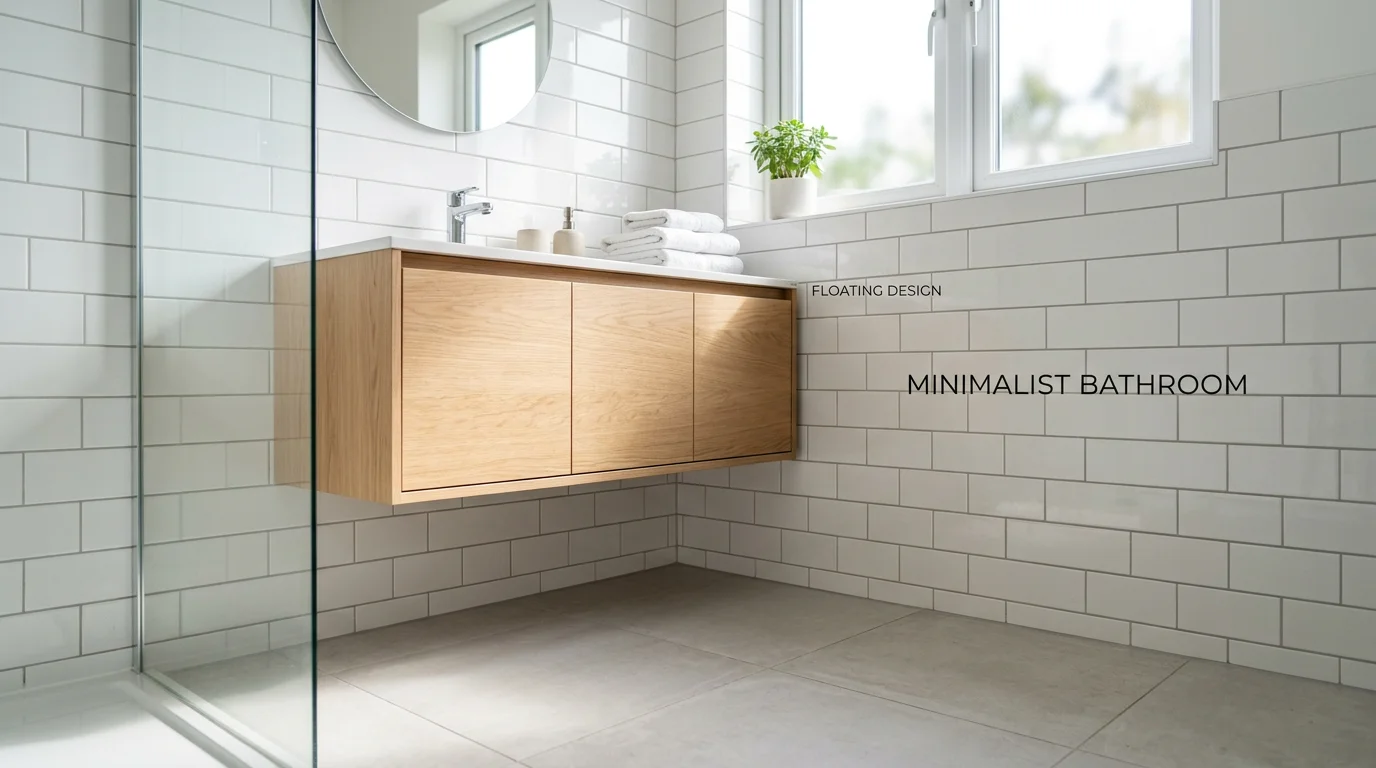 Floating wall cabinet mounted on bathroom wall with open floor space visible beneath, demonstrating space-saving design