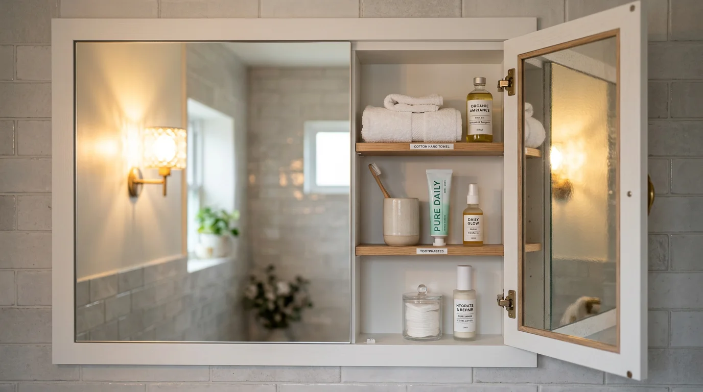 Mirror-front bathroom cabinet with door partially open, showing reflective surface and organized interior storage