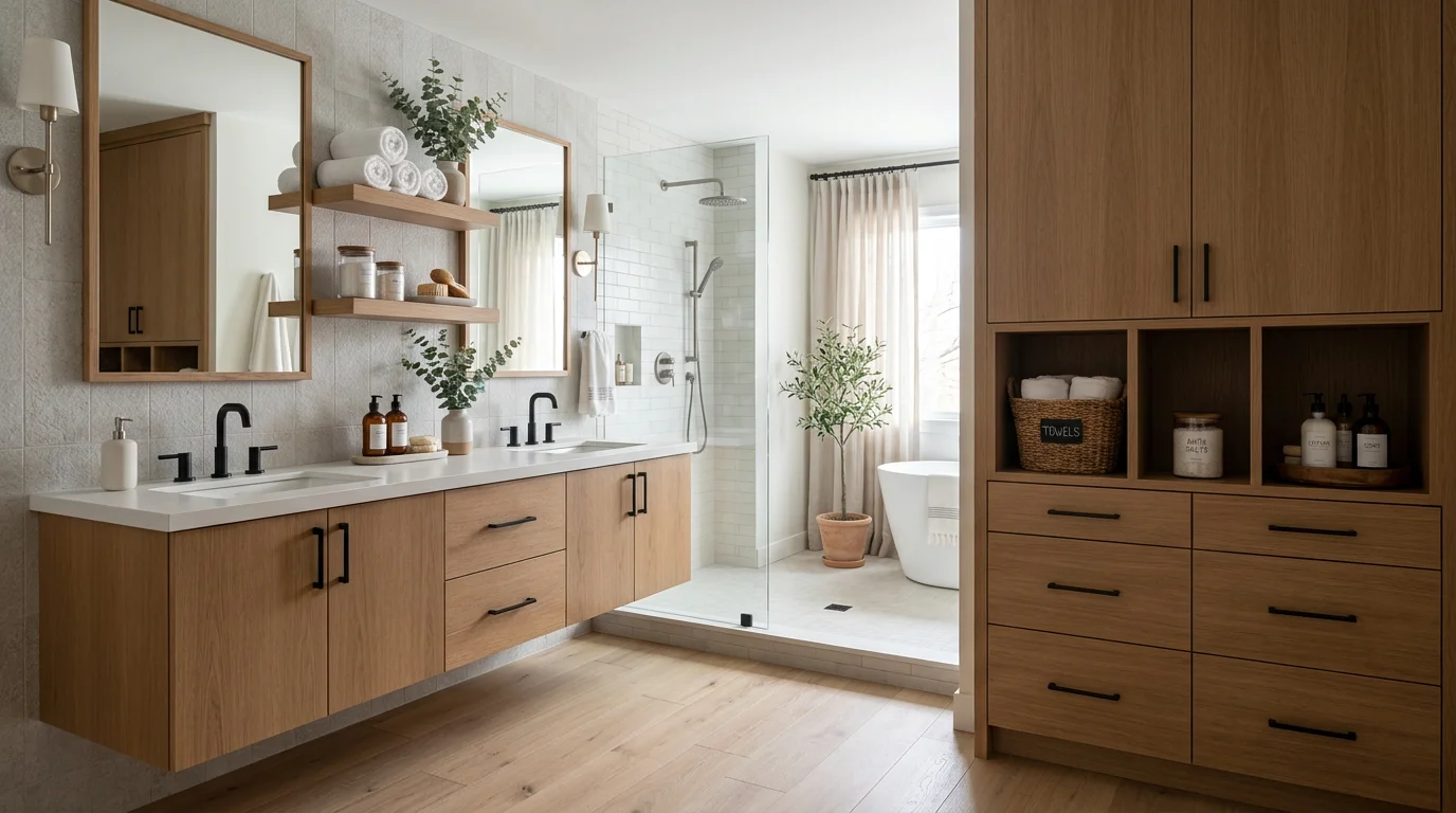 Completed bathroom remodel showing integrated wall cabinet solutions creating organized, spa-like space