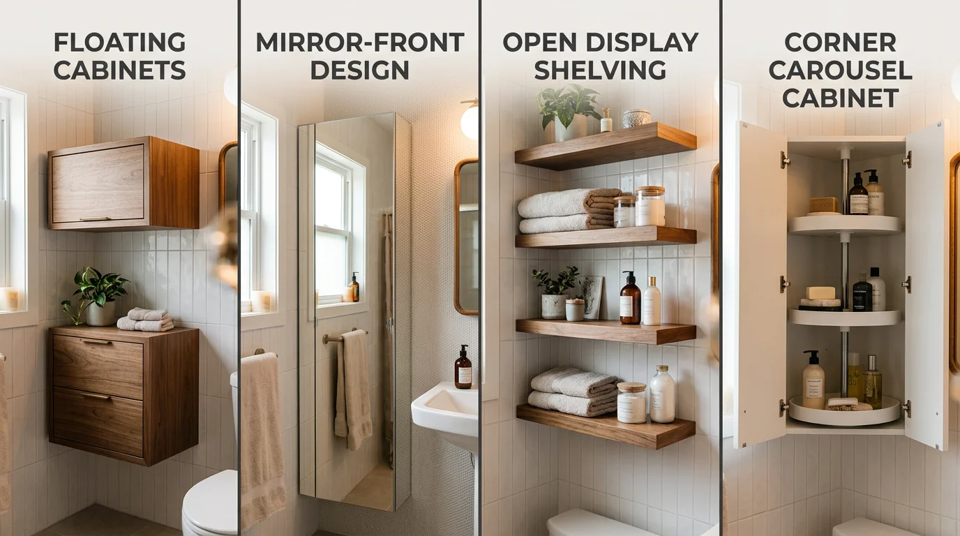 Visual comparison of four different bathroom wall cabinet styles showing floating, mirror-front, open display, and corner carousel designs