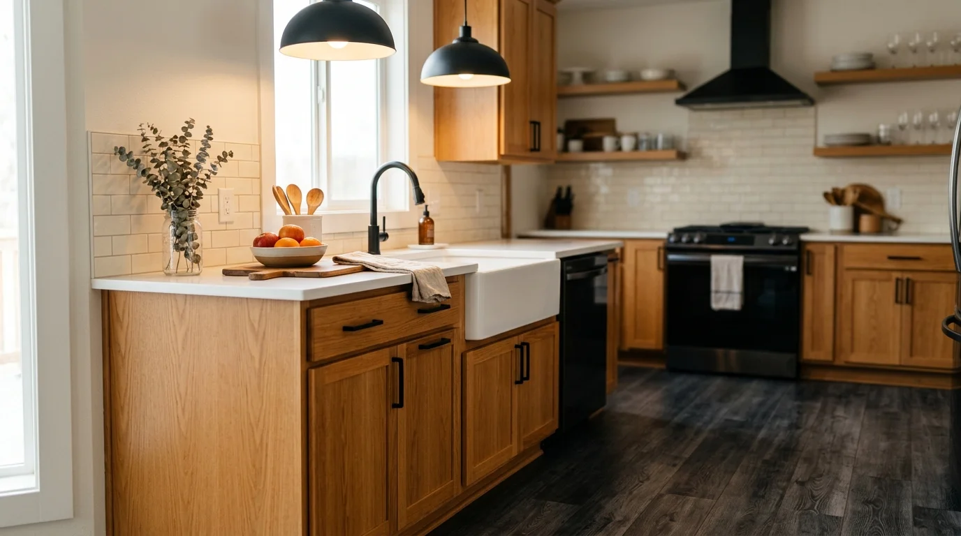 Modern farmhouse kitchen showcasing dark floors and oak cabinets with complementary hardware and lighting