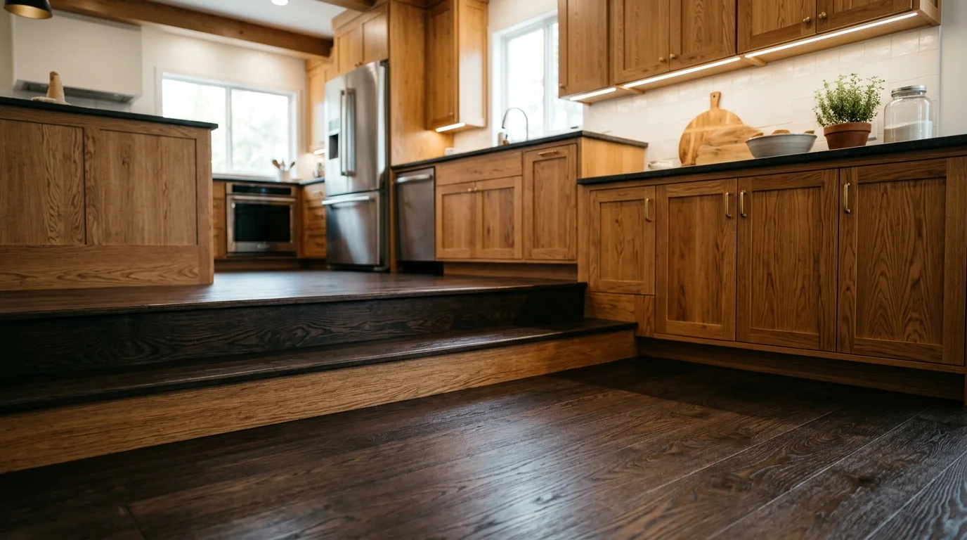 Visual representation of dark hardwood floors grounding a kitchen with warm oak cabinetry rising above, illustrating balance through lighting and composition