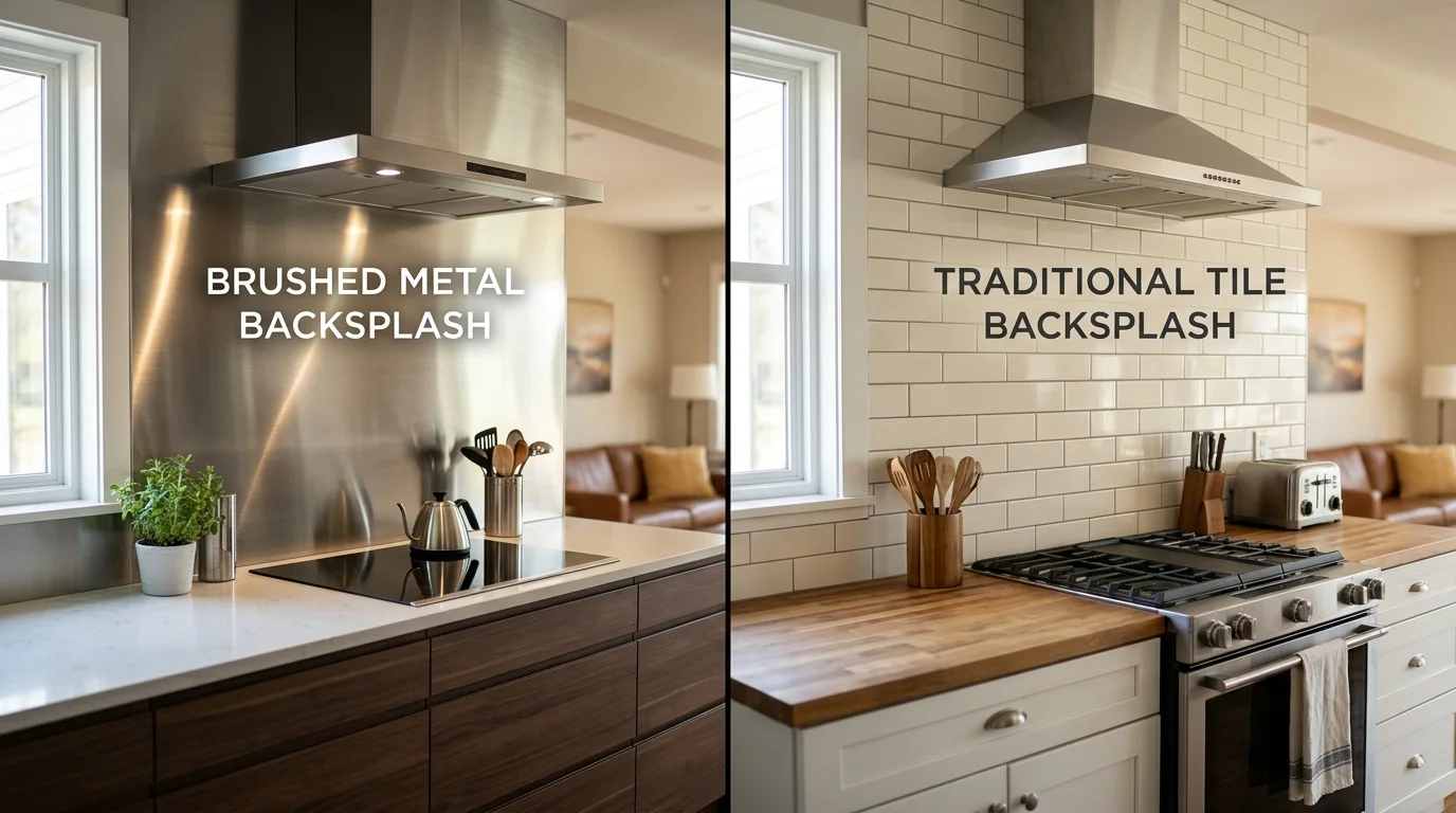 Side-by-side comparison of metal kitchen tiles versus traditional ceramic backsplash in matching kitchen settings