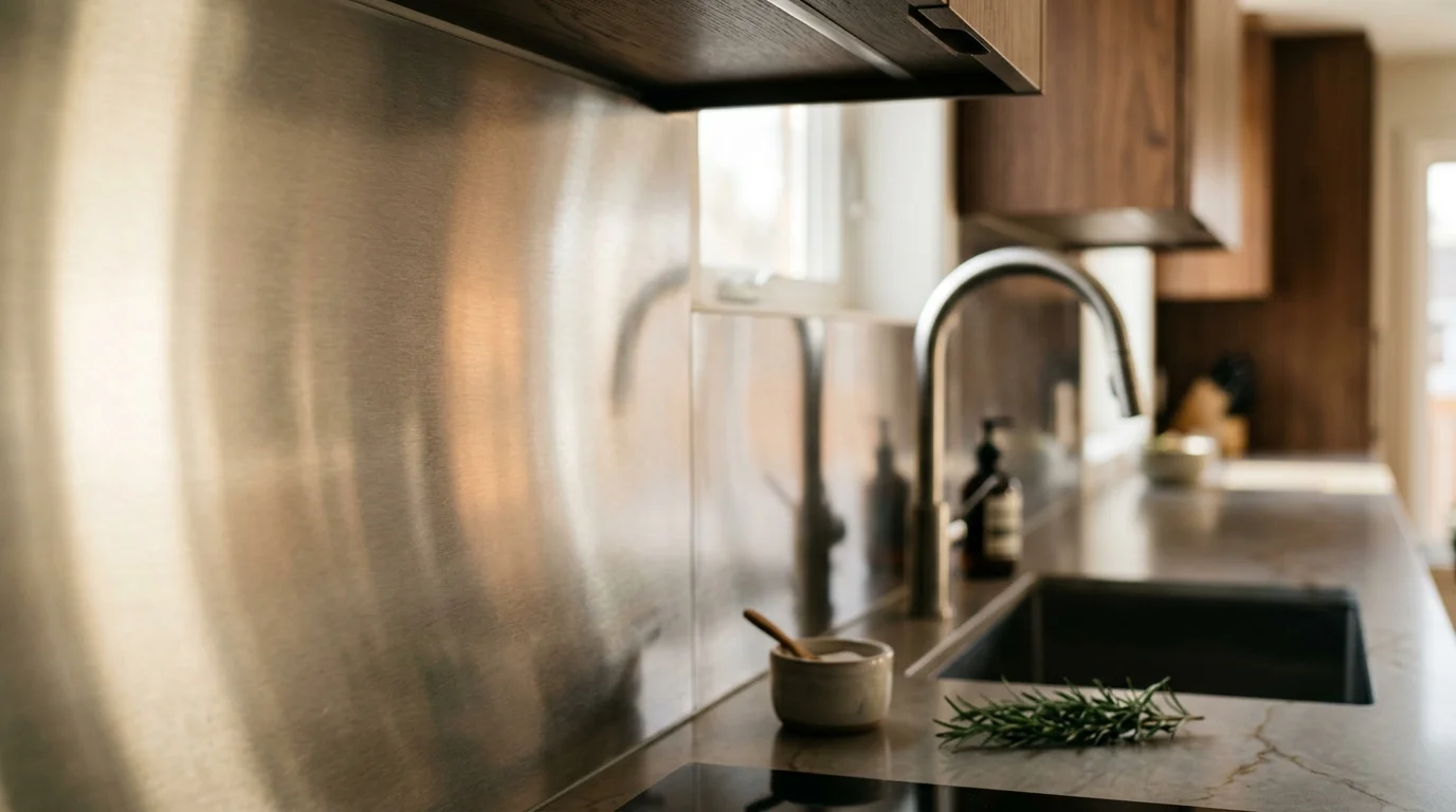 Brushed stainless steel metal kitchen tile backsplash reflecting natural light in a modern kitchen