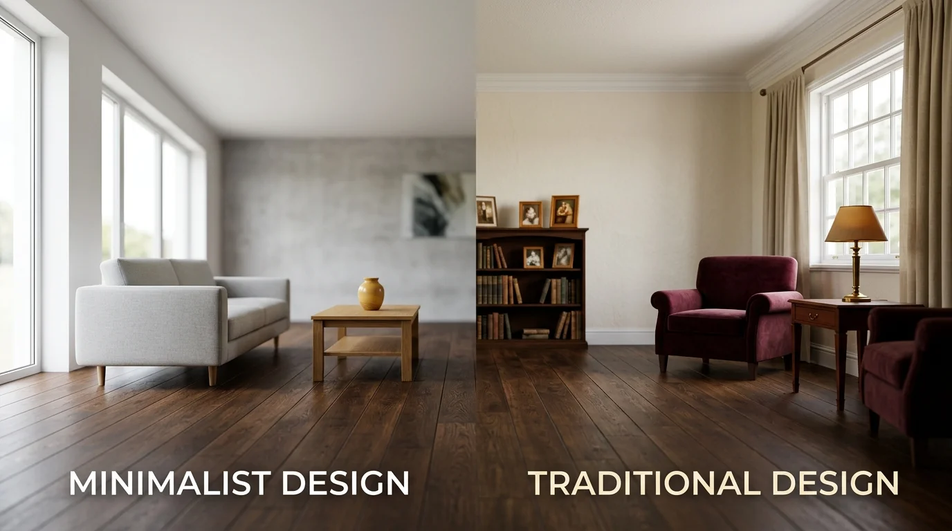 Dark hardwood floors in minimalist versus traditional interior design styles