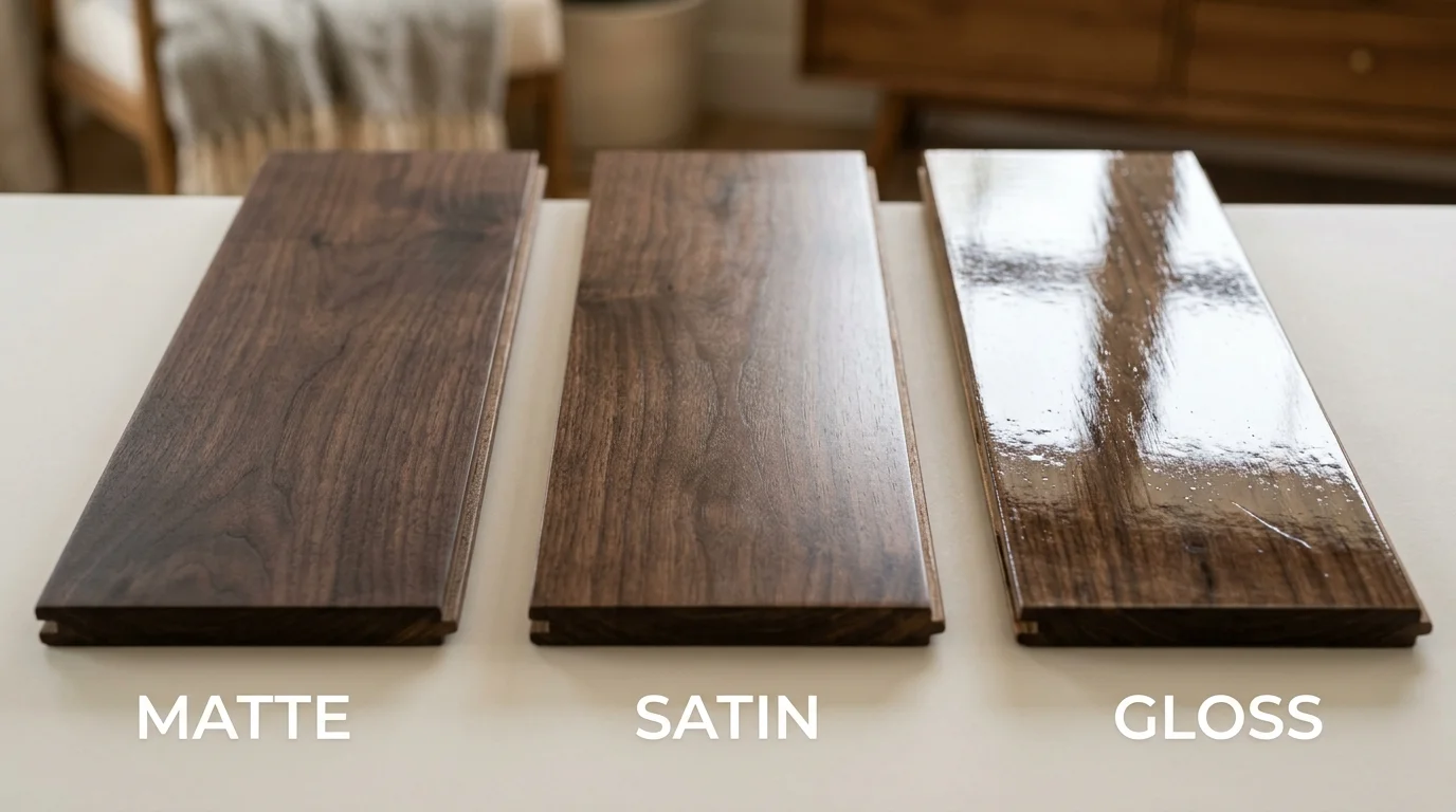 Comparison of matte, satin, and gloss finish options on dark hardwood flooring