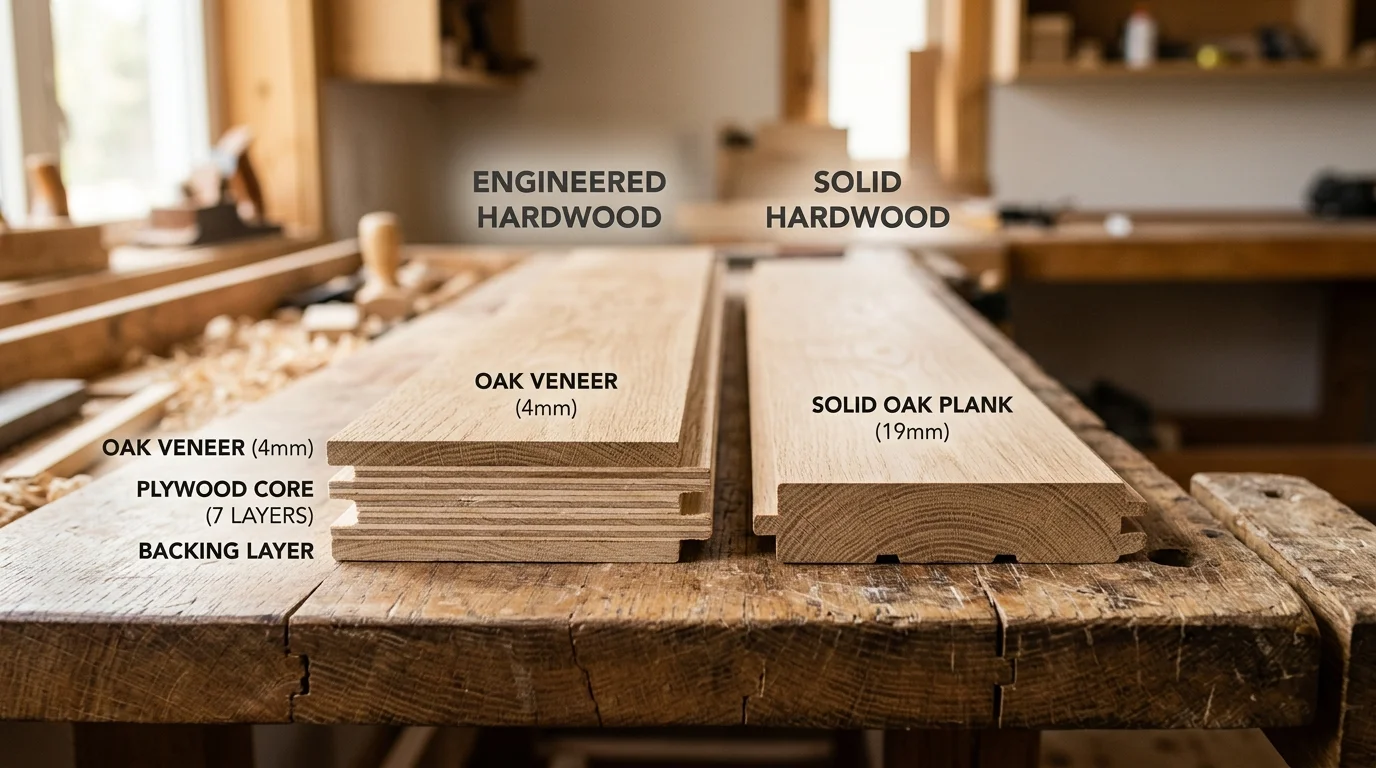 Cross-section comparison of engineered versus solid hardwood construction