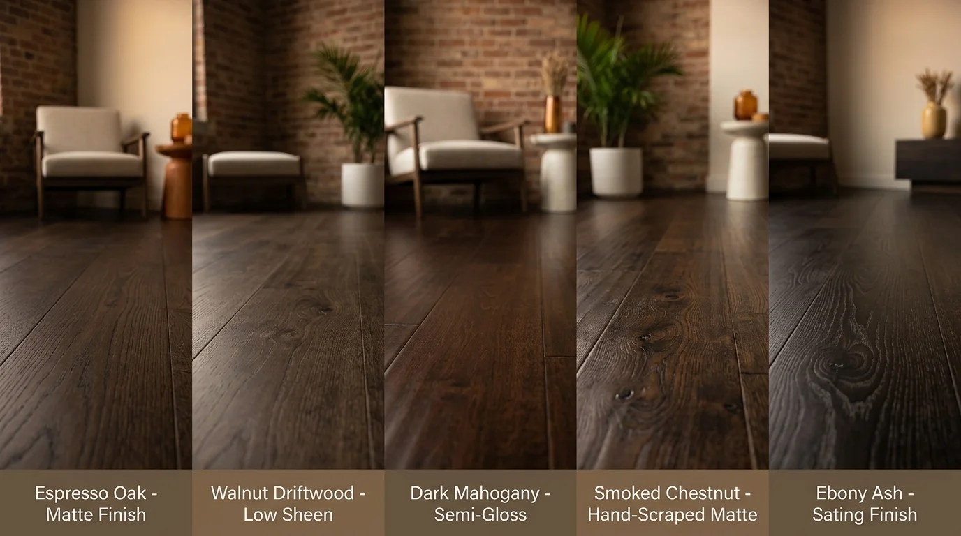 Five premium dark hardwood floor samples displaying different wood species and finishes