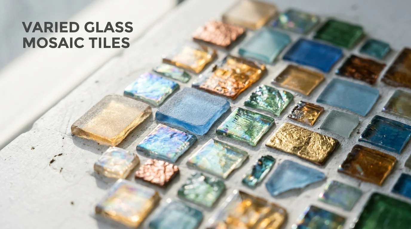 Close-up view of various glass mosaic tile finishes showing iridescent, frosted, and metallic textures with light refraction effects