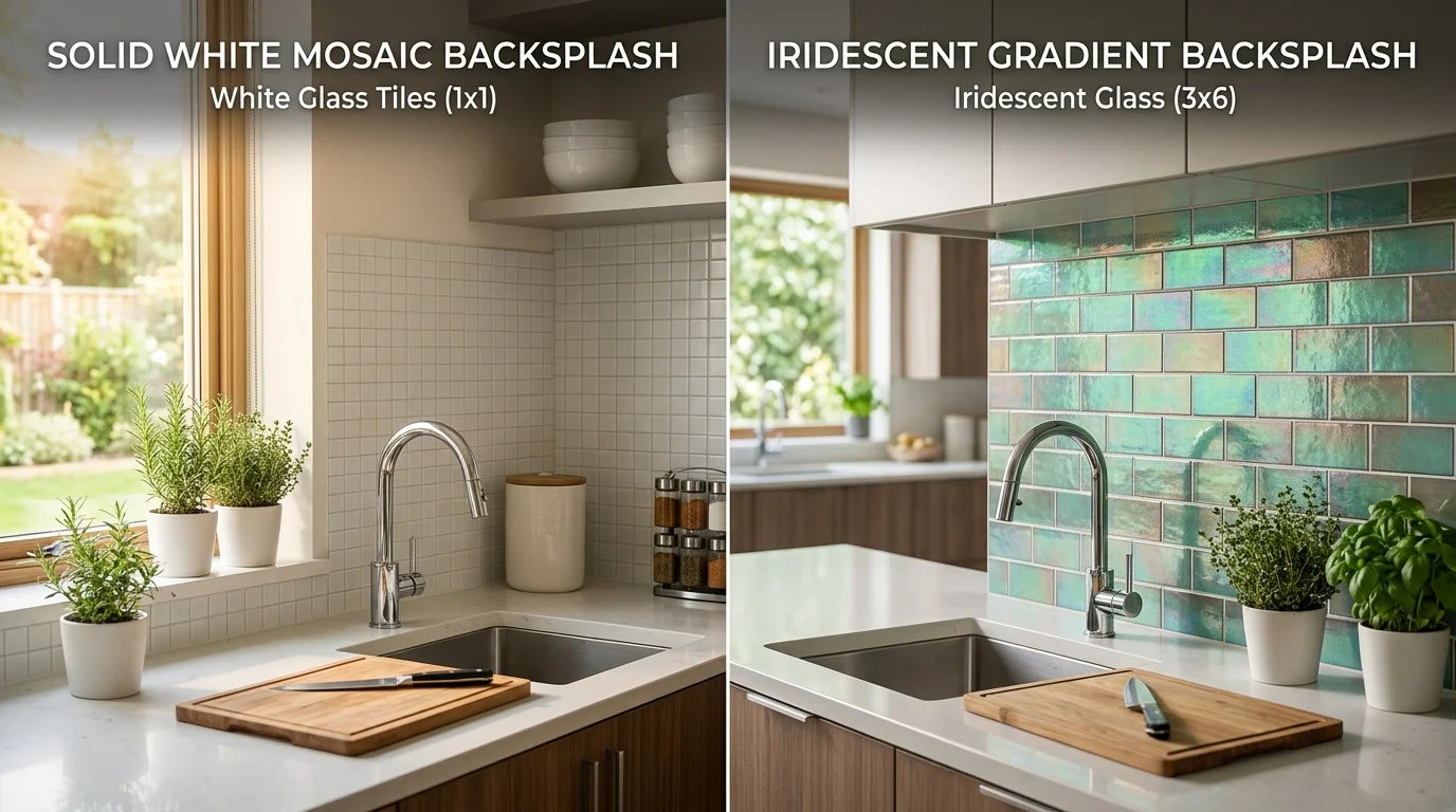 Side-by-side comparison of solid white versus iridescent gradient glass mosaic tile installations in modern kitchen backsplash applications