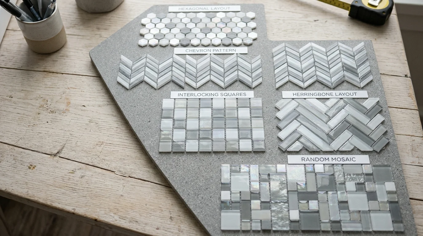 Sample board showing five different geometric mosaic glass tile pattern arrangements including hexagons, chevrons, and interlocking designs
