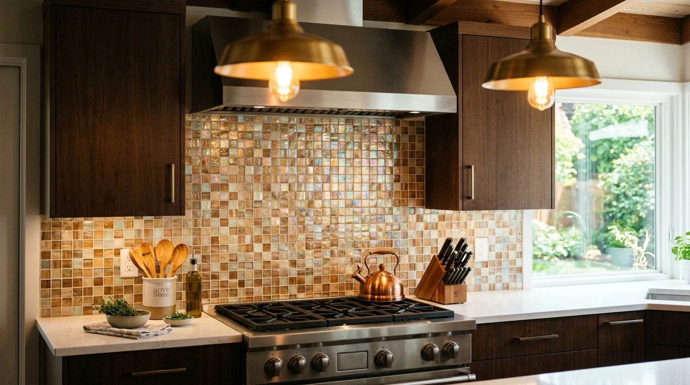 Completed kitchen backsplash installation featuring iridescent glass mosaic tiles reflecting warm pendant lighting and natural window light