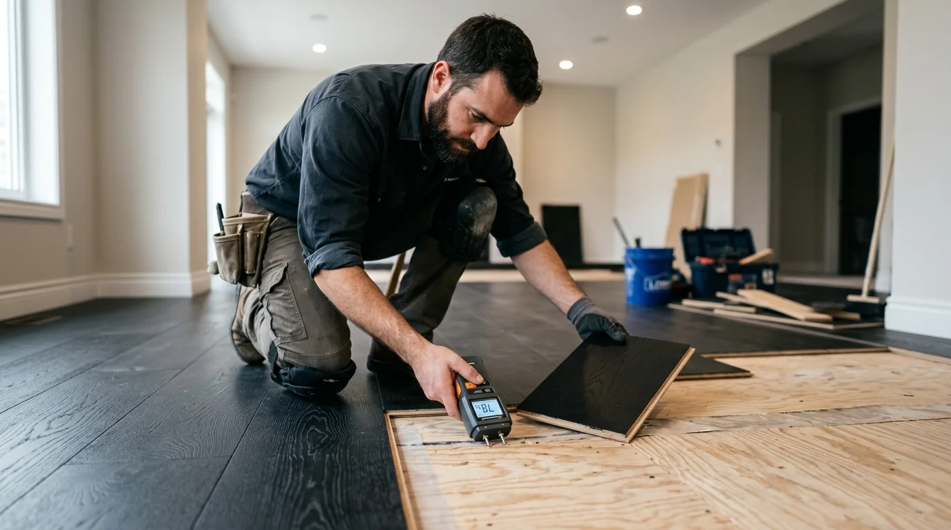 Professional installer testing subfloor moisture during black hardwood floor installation