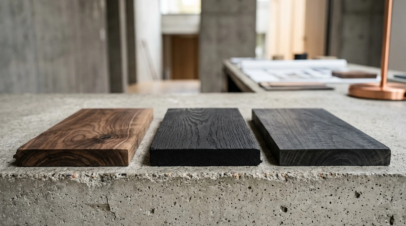 Close-up comparison of black walnut, ebonized oak, and black maple wood samples for flooring