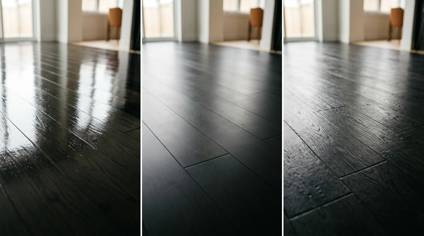 Side-by-side visual comparison of high-gloss, matte, and textured black hardwood floor finishes