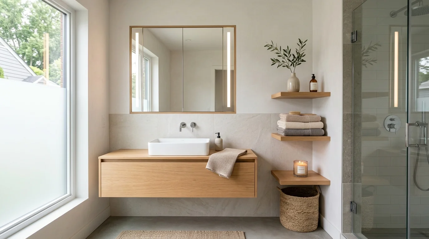 Modern small bathroom with floating vanity and recessed storage maximizing space