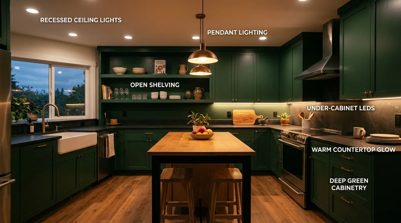 Kitchen with deep green cabinets showcasing layered lighting: under-cabinet LEDs, pendant fixtures, recessed lights, and accent lighting creating depth and warmth