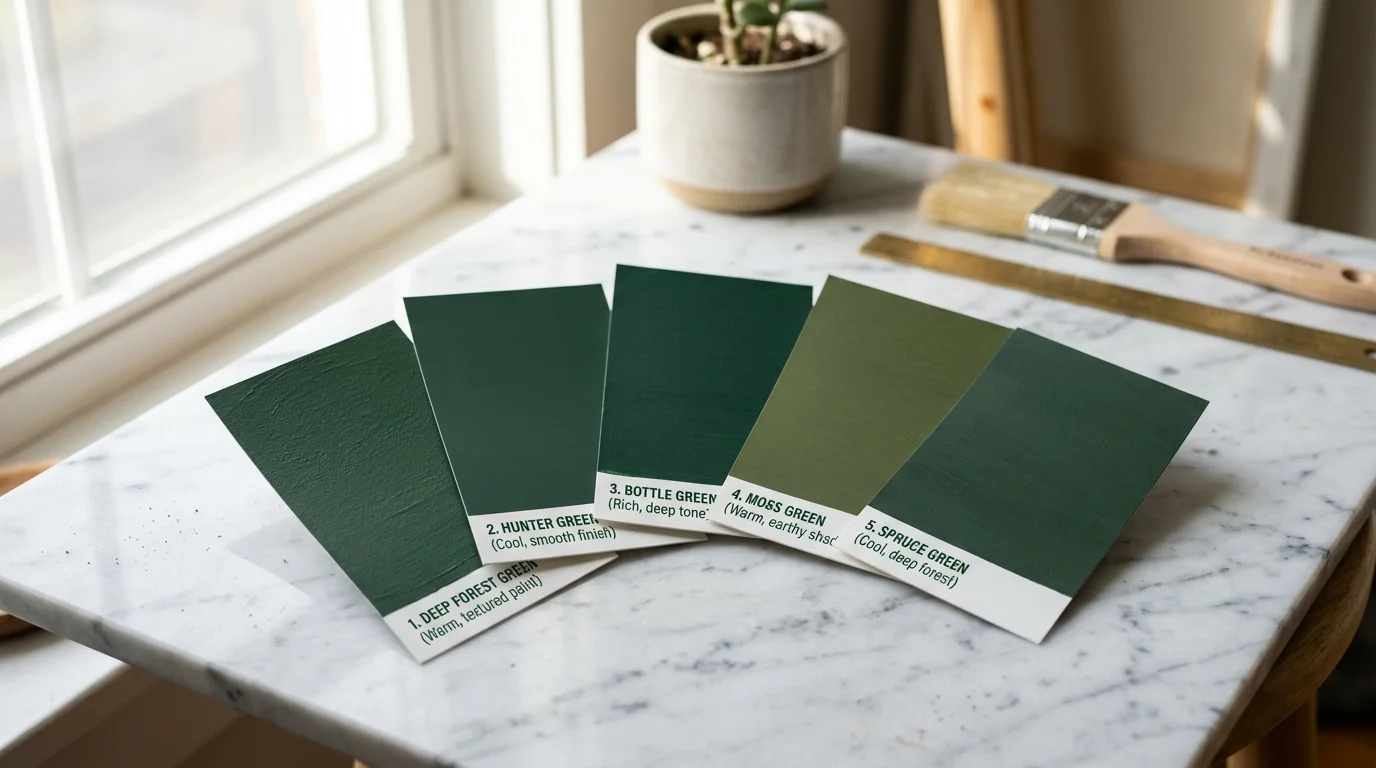 Color swatches displaying forest green, hunter green, sage green, dark olive, and teal-green cabinet finishes with labeled tone names