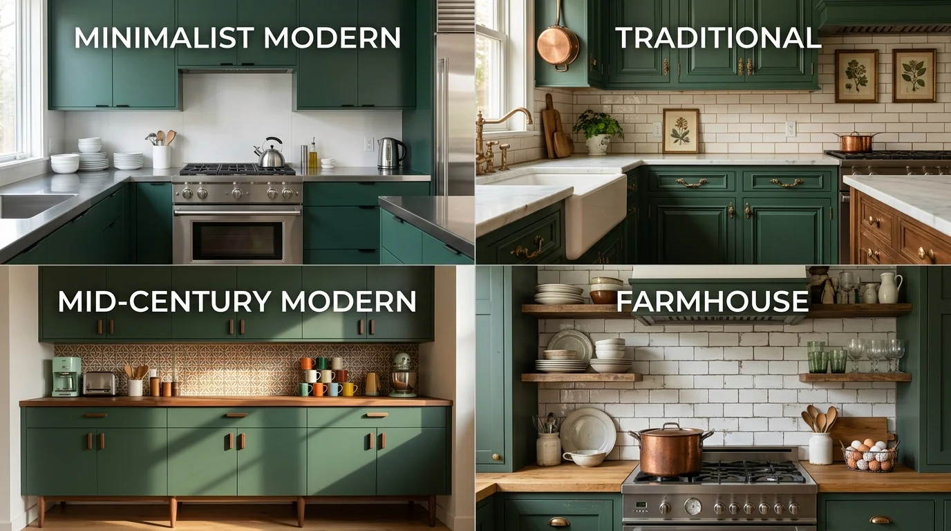 Four kitchen design styles featuring deep green cabinets: minimalist modern, traditional, mid-century modern, and farmhouse aesthetics