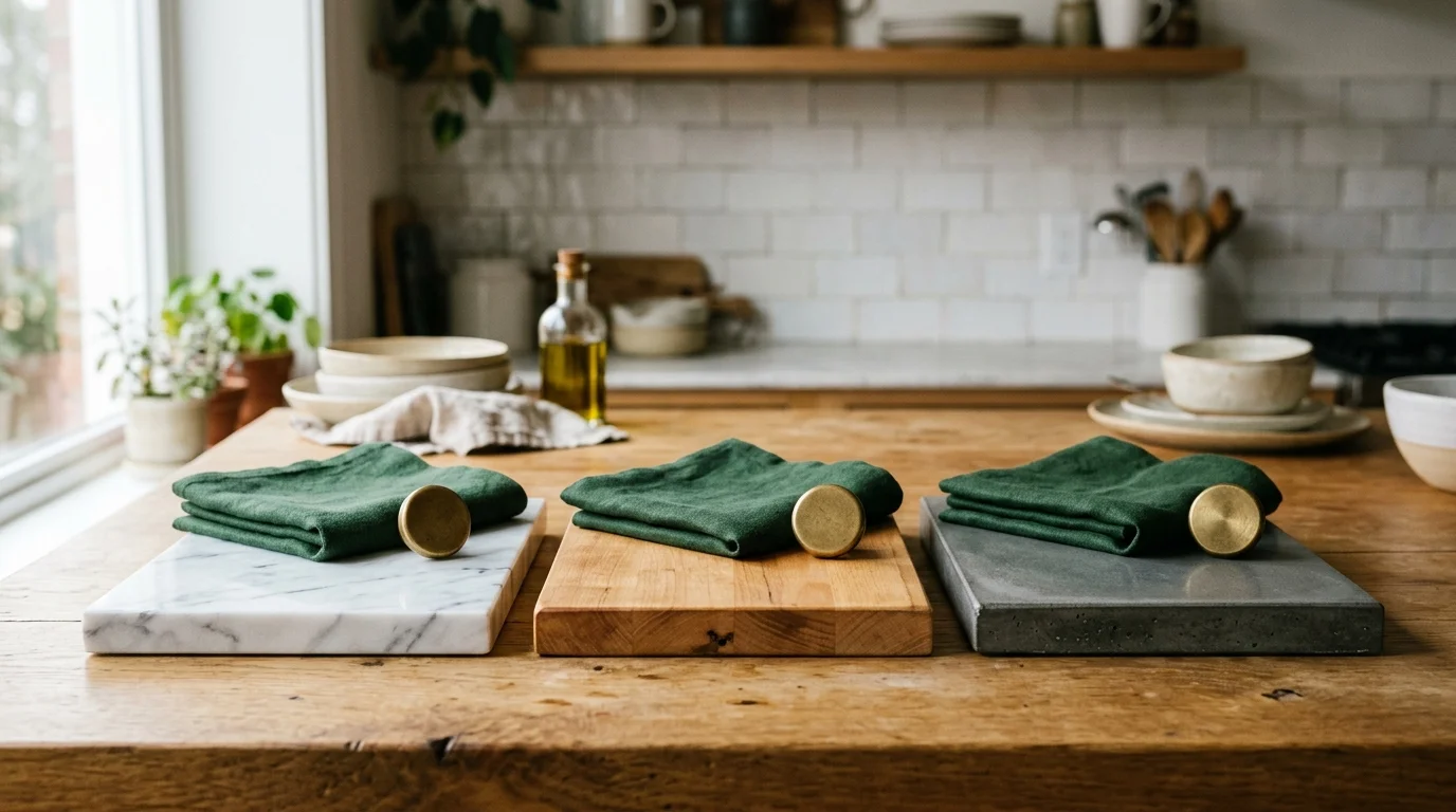 Material pairing samples showing marble, wood, and concrete countertops coordinated with deep green cabinet color and brass hardware
