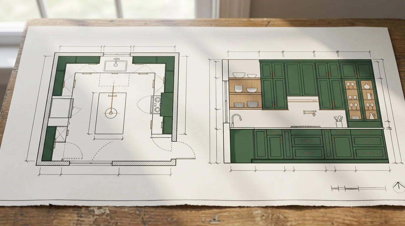 Kitchen design plan showing strategic placement of deep green cabinets on base and upper perimeter with neutral open shelving and glass-front displays