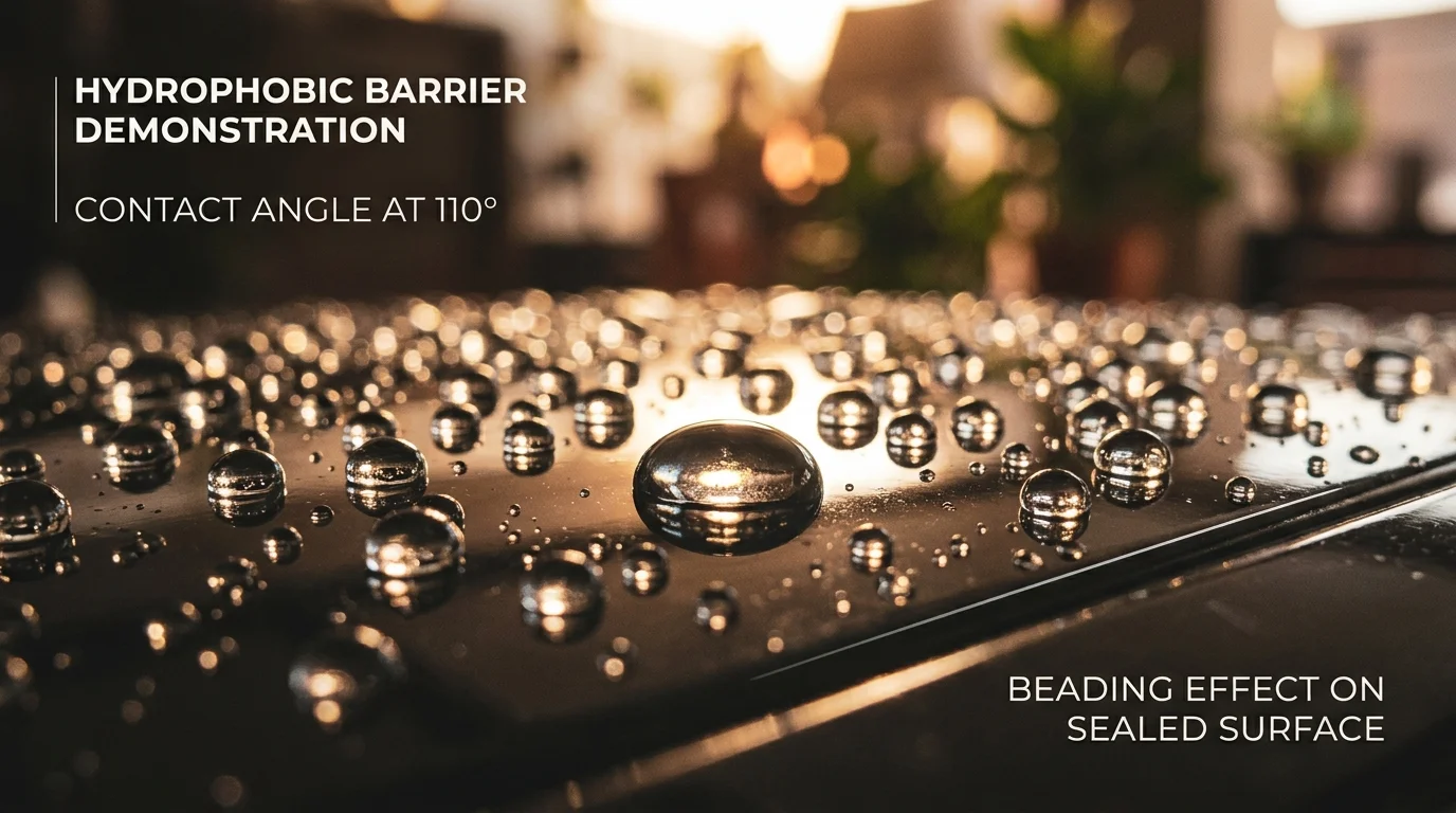Water droplets beading on sealed onyx shower surface demonstrating non-porous waterproof properties