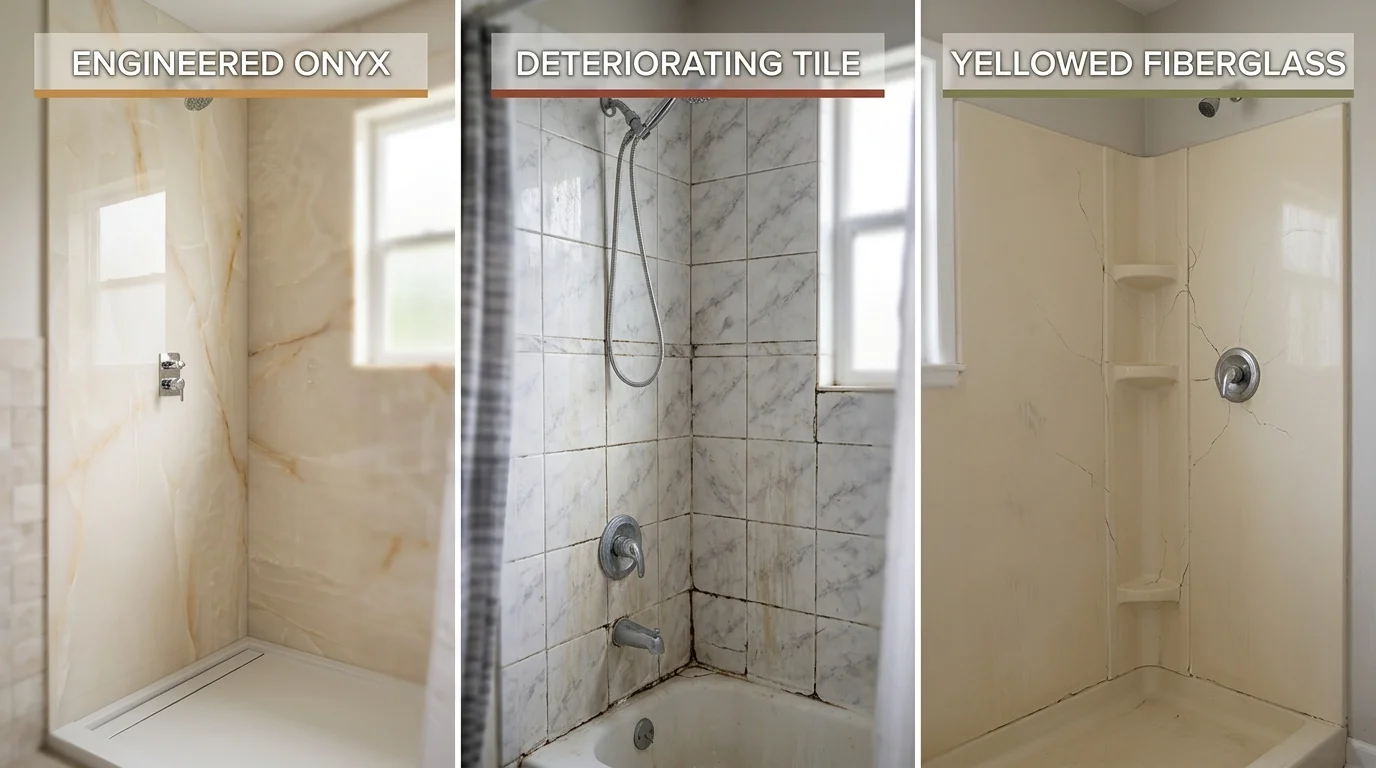 Visual comparison of onyx, tile, and fiberglass shower materials showing durability differences over time