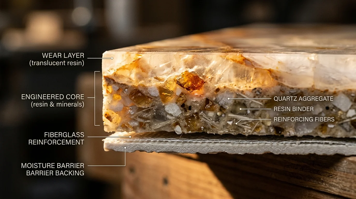 Cross-section of engineered onyx shower panel showing composite material layers and internal structure