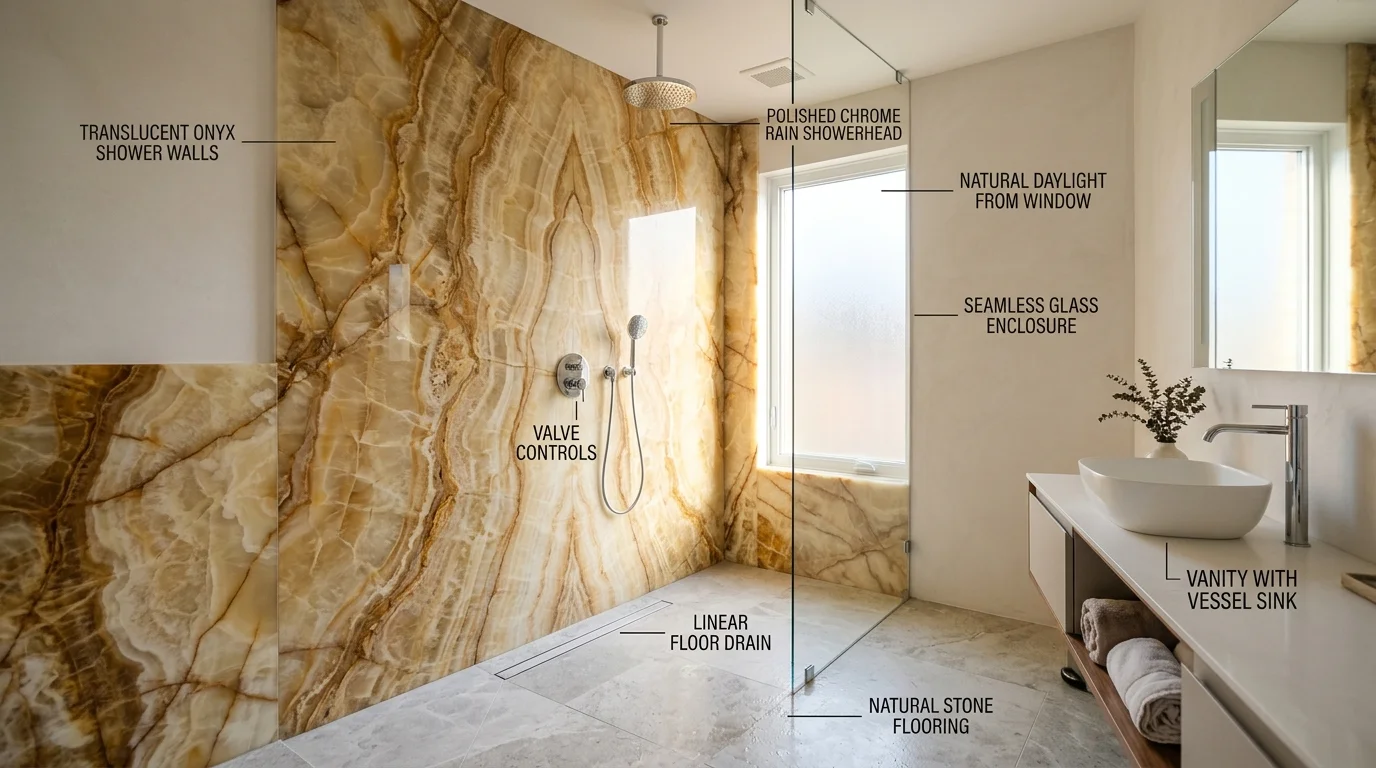 Completed bathroom remodel featuring engineered onyx shower system with seamless walls and characteristic veining