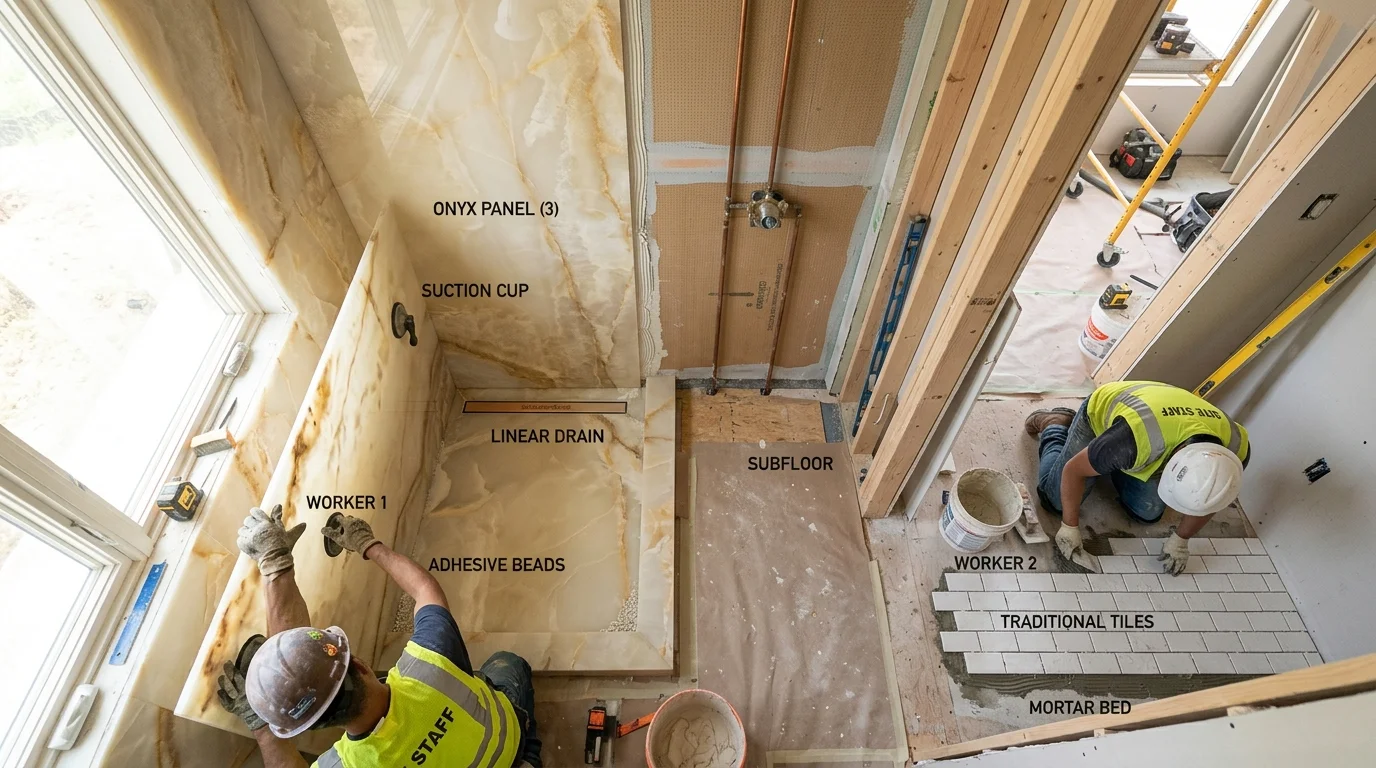 Seamless onyx shower panel installation compared to traditional tile work in modern bathroom remodel