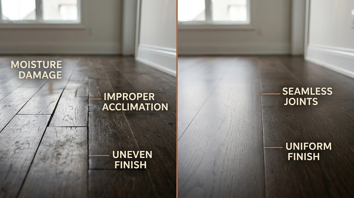 Side-by-side comparison of poorly installed vs professionally installed modern dark hardwood floors highlighting common mistakes