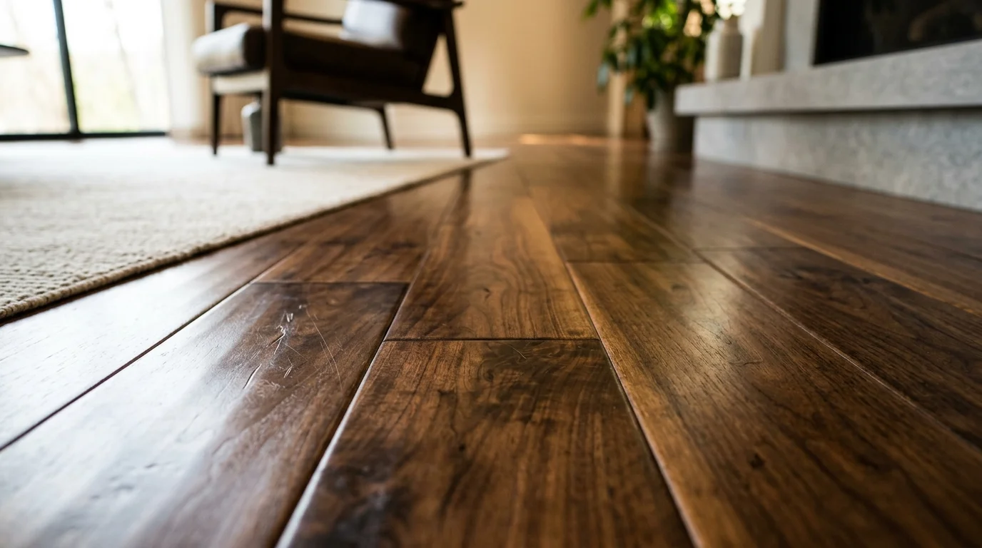 Close-up of richly grained modern dark hardwood floor with soft lighting emphasizing texture and depth