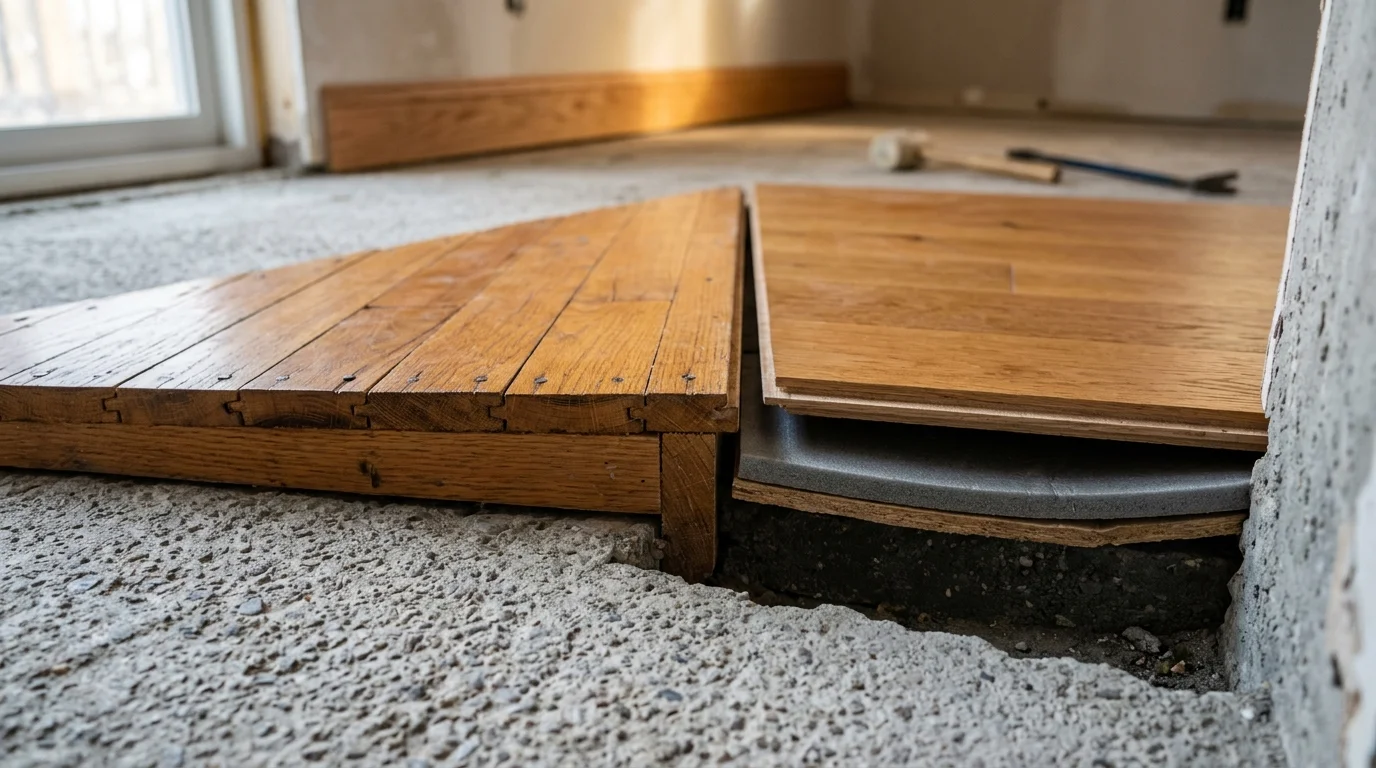 Comparison of nailed-down vs floating floorboard installation with visible underlayment and expansion gap