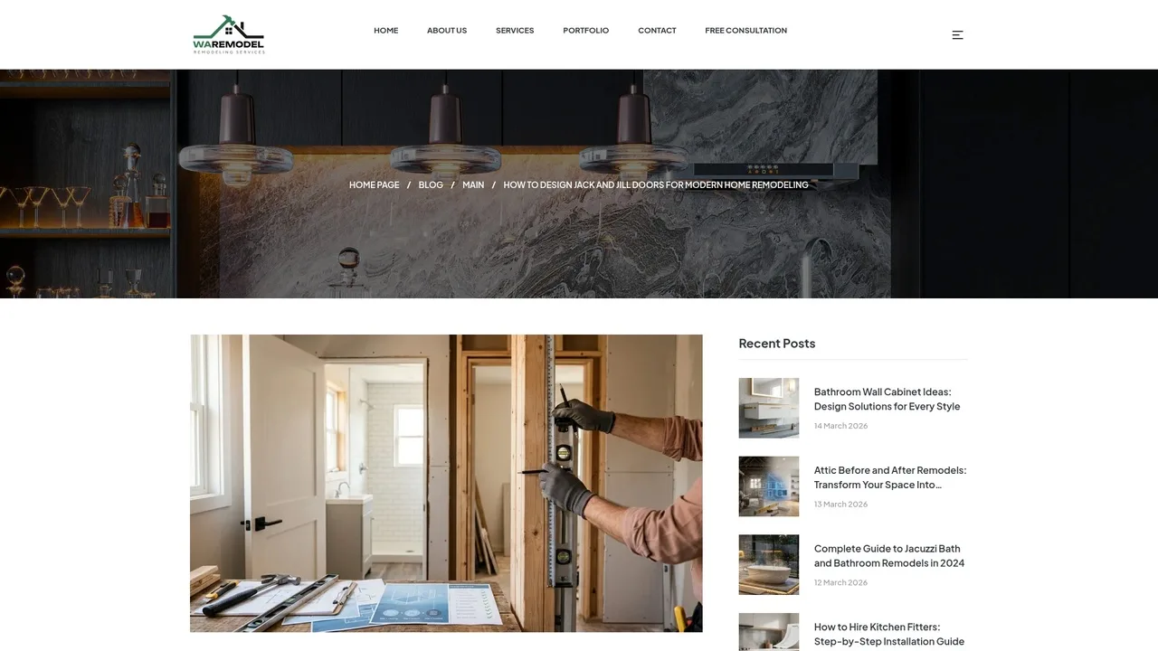 Screenshot of Jack and Jill door design guide showing dual-access bathroom with locking mechanisms