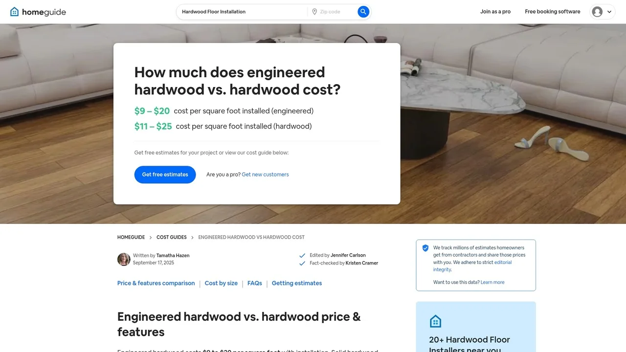 Screenshot of HomeGuide's cost comparison chart for engineered vs solid hardwood