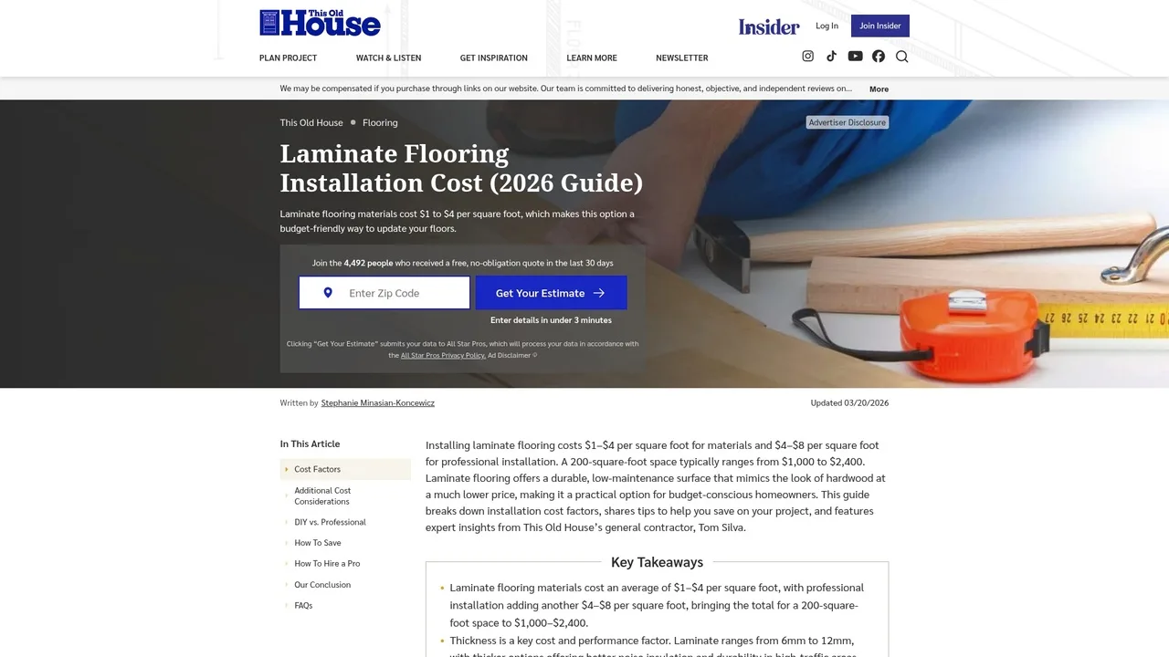 Screenshot of This Old House article on laminate flooring installation costs